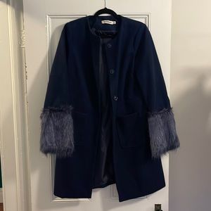 Navy Pea Coat with Removable Faux Fur Cuffs
